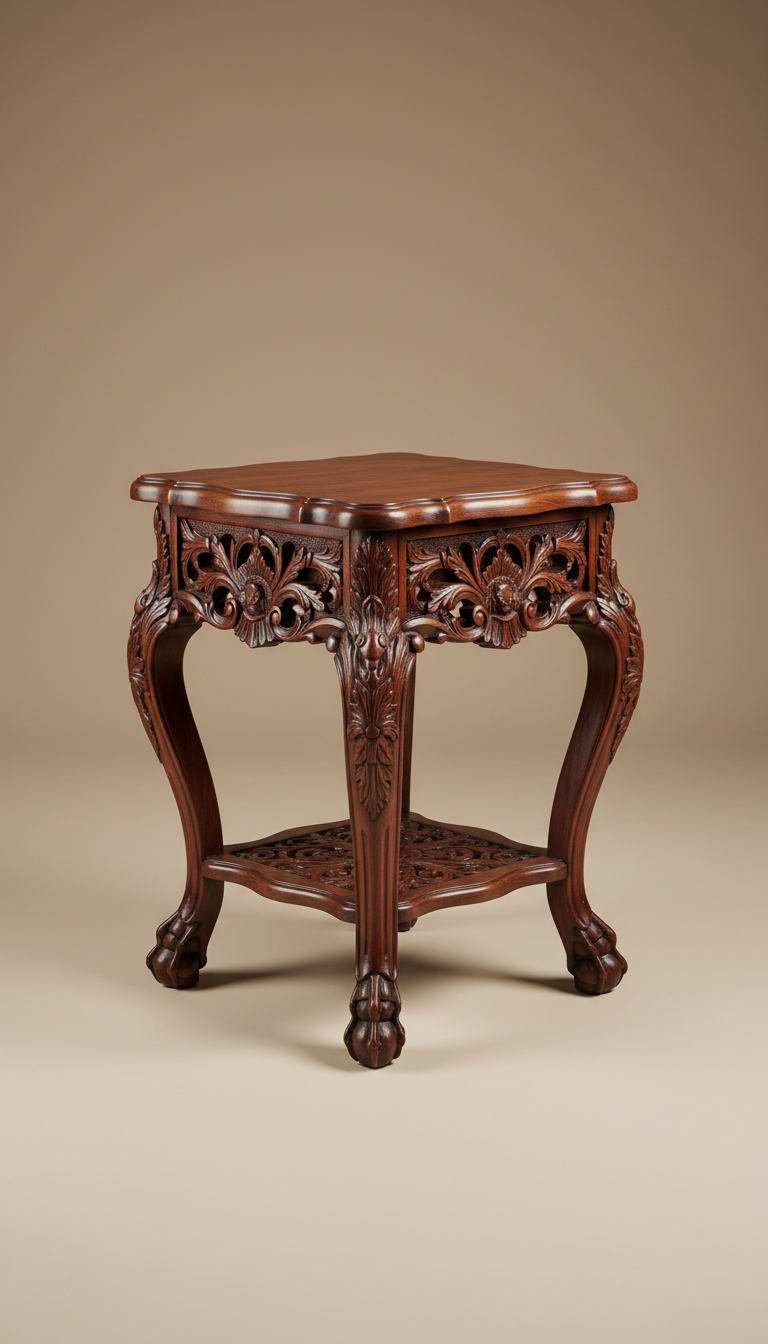 Carved Mahogany Side Table with Scrollwork